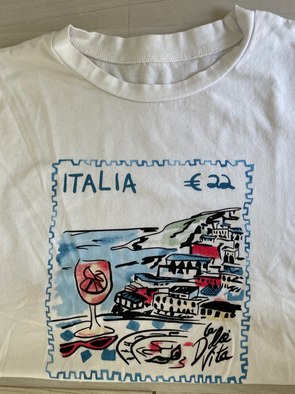 Italia Graphic White Tee with Blue and Red Print